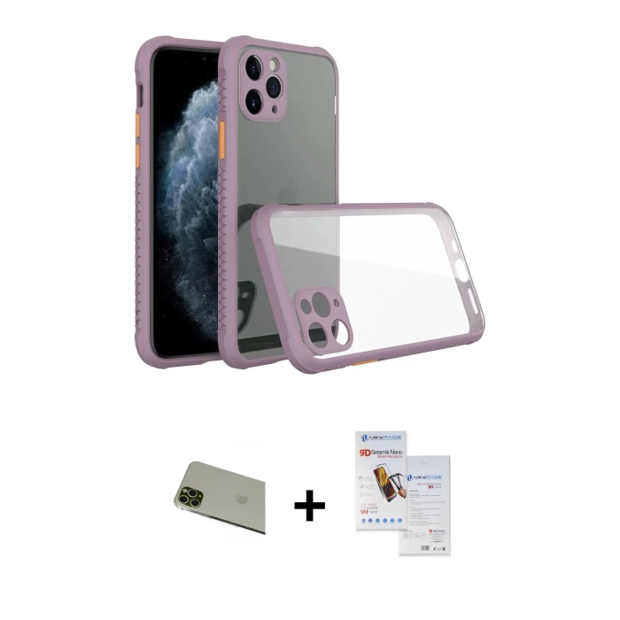 ieg™ iPhone 11 Pro Max Kılıf Nova Asil Özel Seri - Siyah Seramik Nano Ekran Koruyucu + Rainbow Kamera Lens Koruma Cam - YL
