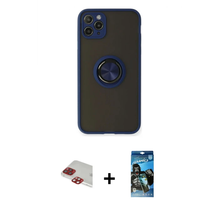 ieg™ iPhone 11 Pro Max Kılıf Yörünge Çizgi - Siyah 34D Izgaralı Cam + Pers Alüminyum Kamera Lens - KI