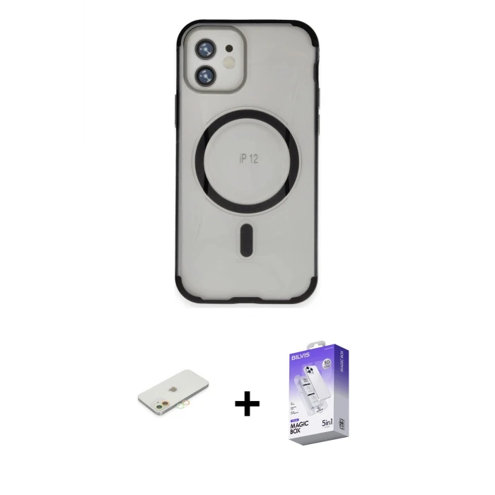 ieg™ iPhone 12 Kılıf Eksen Klasik Koleksiyonu - Siyah Bilvis 5in1 3D Magic Cam Ekran Koruyucu + Renkli Kamera Lens Koruma Cam - TU