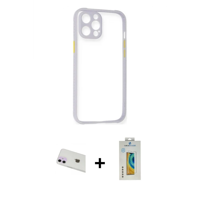 ieg™ iPhone 12 Kılıf Nova Asil Özel Seri - Siyah Polymer Nano Ekran Koruyucu + Mor Rainbow Kamera Lens Koruma Cam