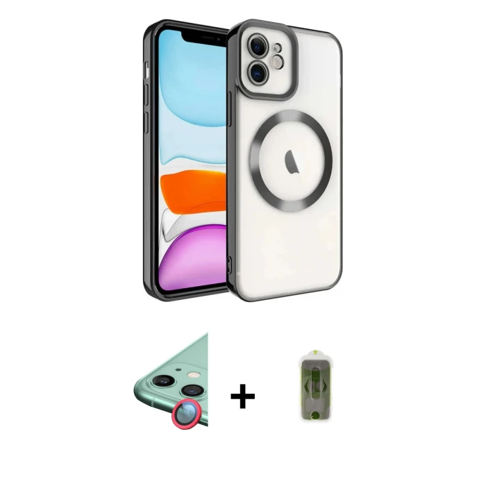 ieg™ iPhone 12 Kılıf Nova Işık Özel Seri - Siyah Joko Magic 5D Hayalet Cam + Raze Metal Kamera Lens - KI