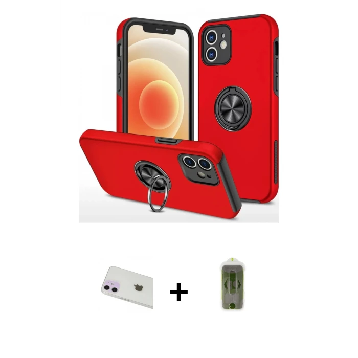 ieg™ iPhone 12 Kılıf Odak Form Prime - Siyah Joko Magic 5D Hayalet Cam + Mor Rainbow Kamera Lens Koruma Cam