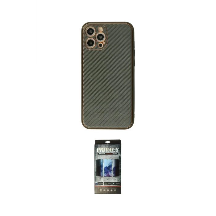 ieg™ iPhone 12 Pro Kılıf Ahenk Işık - Siyah 34D Hayalet Izgaralı Cam