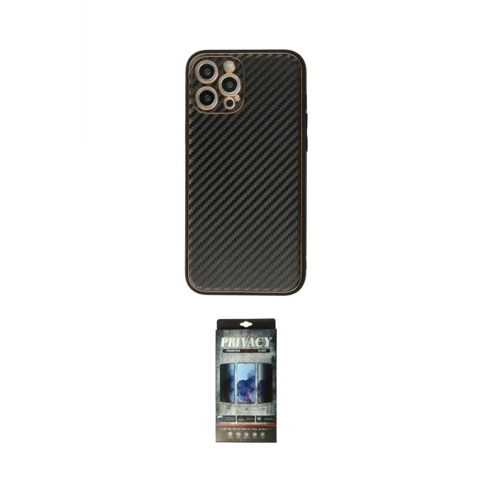 ieg™ iPhone 12 Pro Kılıf Ahenk Işık - Siyah 34D Hayalet Izgaralı Cam