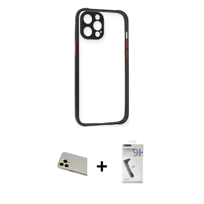 ieg™ iPhone 12 Pro Kılıf Nova Asil Özel Seri - Şeffaf Uv Polymer Nano Ekran Koruyucu + Rainbow Kamera Lens Koruma Cam - GD