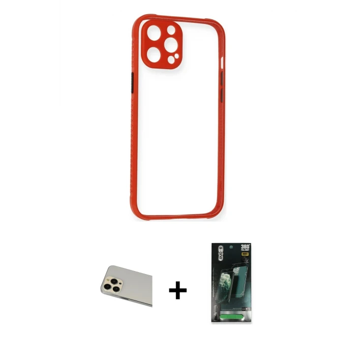 ieg™ iPhone 12 Pro Kılıf Nova Asil Özel Seri - Siyah 360 Mat Full Body Arka Koruyucu + Rainbow Kamera Lens Koruma Cam - GD