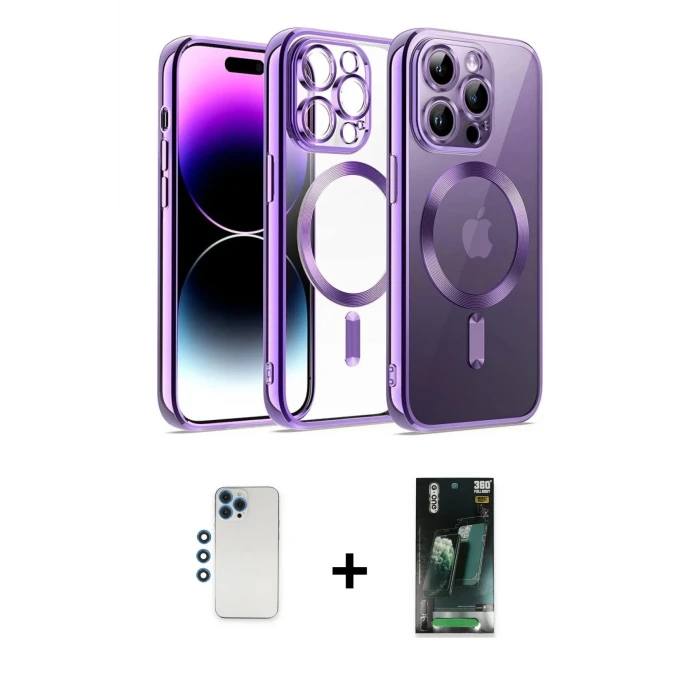 ieg™ iPhone 12 Pro Kılıf Nova Işık Özel Seri - Şeffaf 360 Full Body Arka Koruyucu + Mavi Shine Kamera Lens