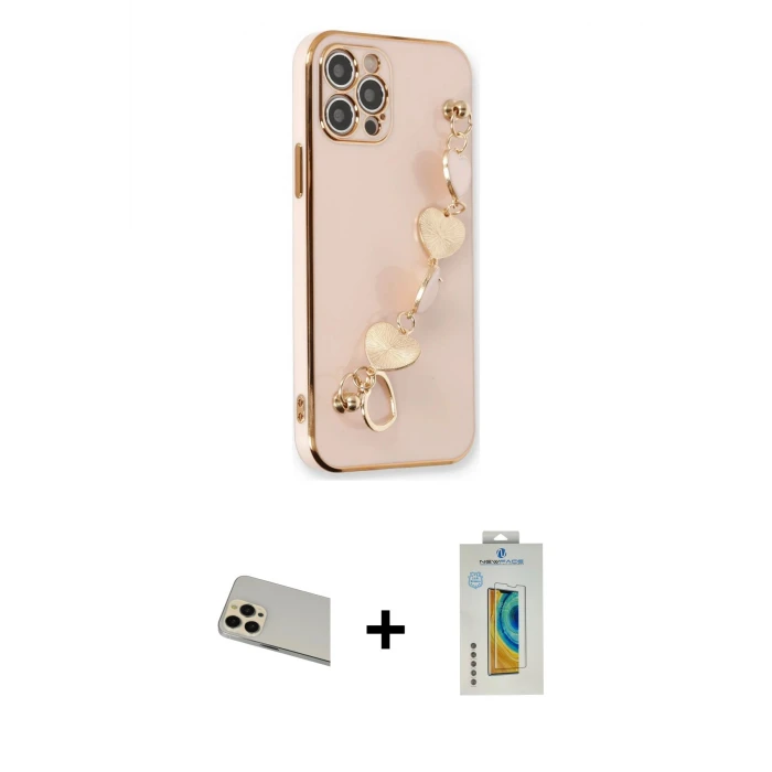 ieg™ iPhone 12 Pro Kılıf Nova Işık Prime - Siyah Polymer Nano Ekran Koruyucu + Gold Rainbow Kamera Lens Koruma Cam