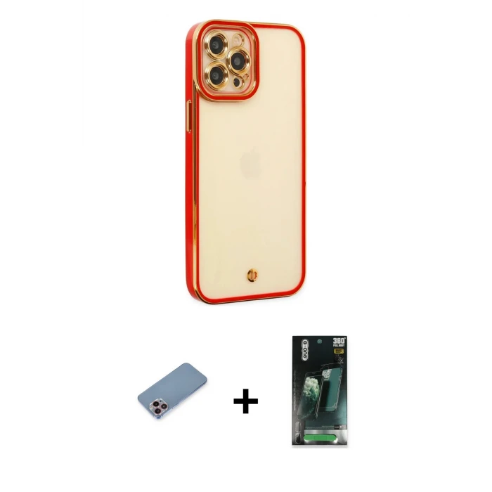 ieg™ iPhone 12 Pro Max Çekirdek Klasik Serisi - Şeffaf 360 Full Body Arka Koruyucu + Pembe Shine Kamera Lens Koruma Cam