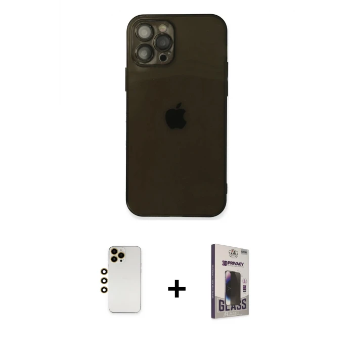 ieg™ iPhone 12 Pro Max Kılıf Ahenk Doku - Siyah Bilvis Hayalet Cam Ekran Koruyucu + Shine Kamera Lens - GD