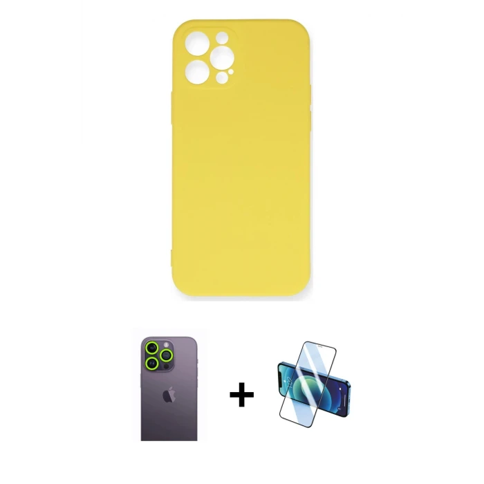 ieg™ iPhone 12 Pro Max Kılıf Ahenk Serisi - Siyah 3D Antistatik Seramik Nano Ekran Koruyucu + Neon Fosforlu Kamera Lens - YL