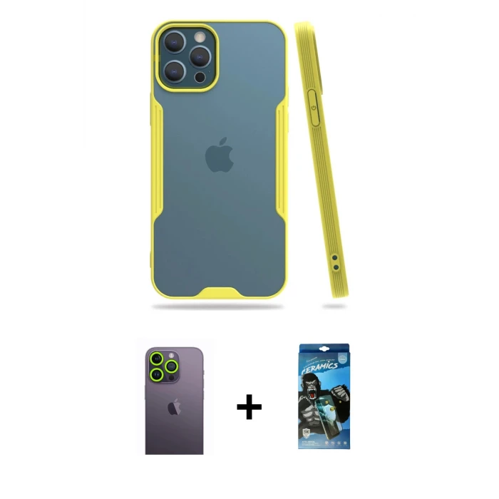 ieg™ iPhone 12 Pro Max Kılıf Atlas Asil Serisi - Siyah 34D Izgaralı Cam + Neon Fosforlu Kamera Lens - YL