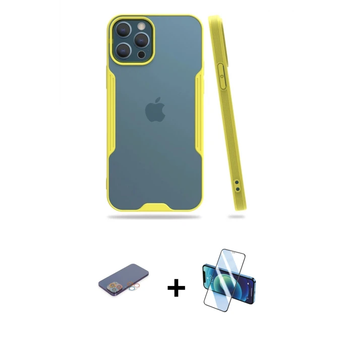 ieg™ iPhone 12 Pro Max Kılıf Atlas Asil Serisi - Siyah 3D Antistatik Cam Ekran Koruyucu + Renkli Kamera Lens Koruma Cam - PE