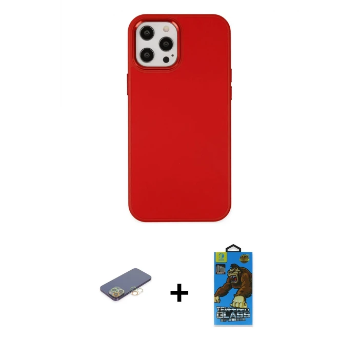 ieg™ iPhone 12 Pro Max Kılıf Çekirdek Çizgi - Siyah 18D Cam Ekran Koruyucu + Renkli Kamera Lens Koruma Cam - SI