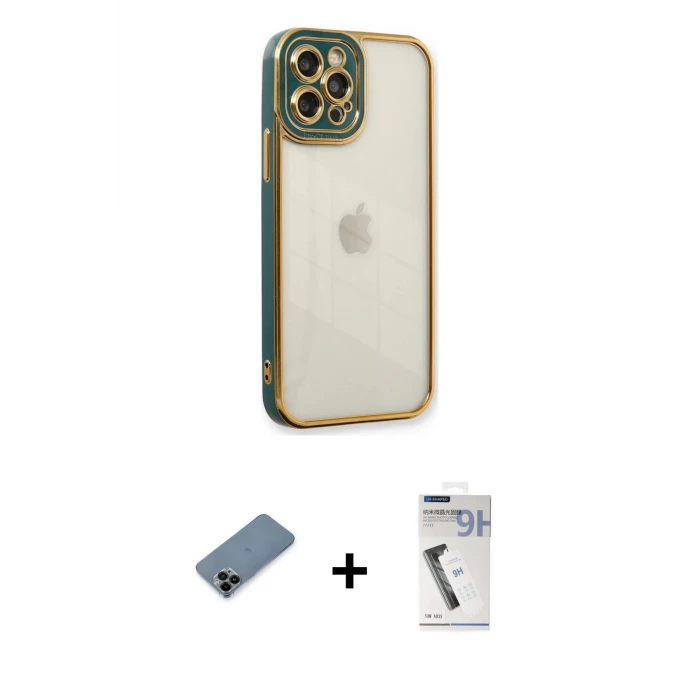 ieg™ iPhone 12 Pro Max Kılıf Çekirdek Klasik Serisi - Şeffaf Uv Polymer Nano Ekran Koruyucu + Shine Kamera Lens Koruma Cam - SH