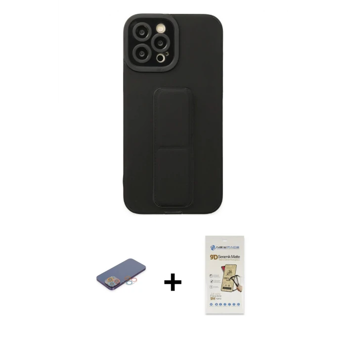 ieg™ iPhone 12 Pro Max Kılıf Çekirdek Yansıma - Siyah Mat Seramik Nano Ekran Koruyucu + Pembe Renkli Kamera Lens Koruma Cam