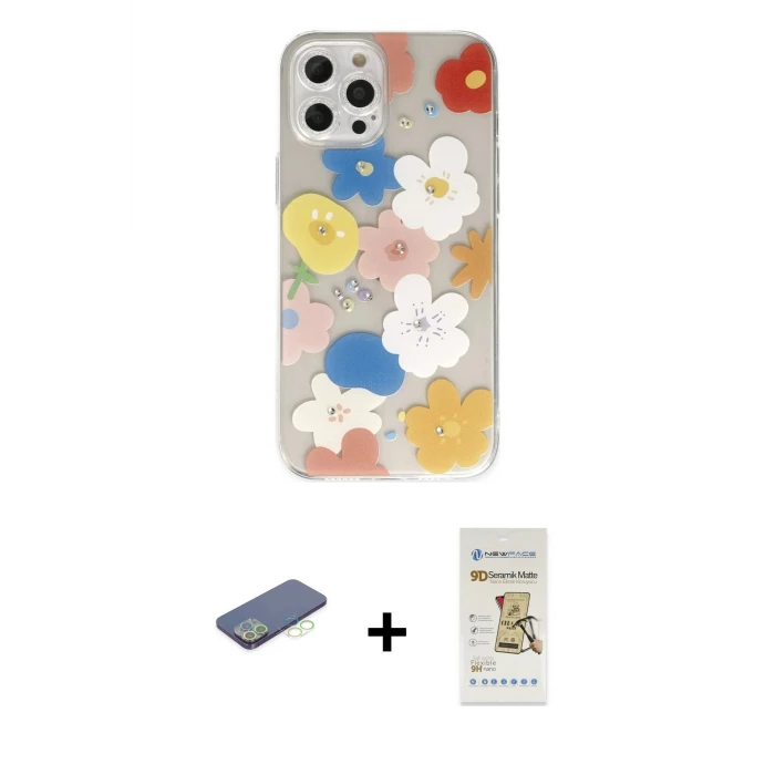 ieg™ iPhone 12 Pro Max Kılıf Eksen Asil Prime - Siyah Mat Seramik Nano Ekran Koruyucu + Renkli Kamera Lens Koruma Cam - YL