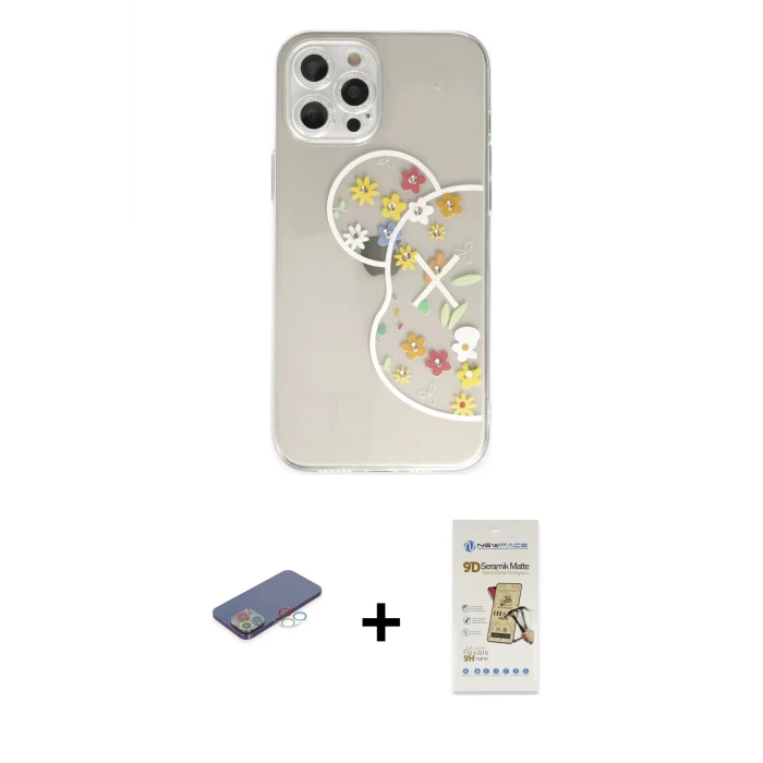 ieg™ iPhone 12 Pro Max Kılıf Eksen Asil Prime - Siyah Mat Seramik Nano Ekran Koruyucu + Renkli Kamera Lens Koruma Cam - MI