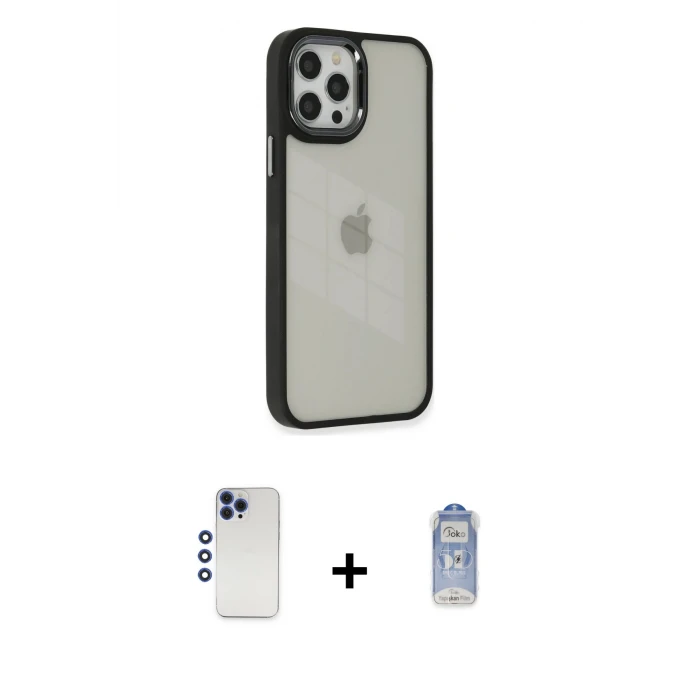 ieg™ iPhone 12 Pro Max Kılıf Eksen Doku Prime - Siyah Joko Magic 5D Cam + Shine Kamera Lens - LT