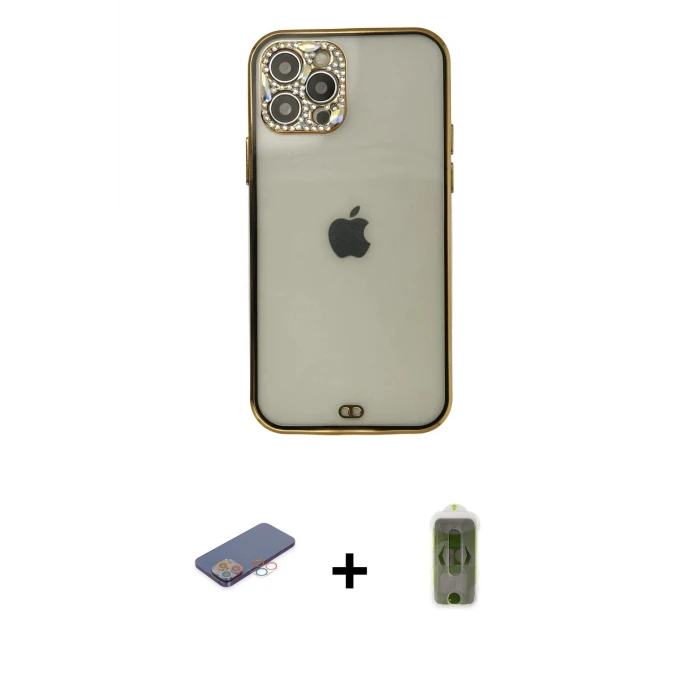 ieg™ iPhone 12 Pro Max Kılıf Eksen Minimal Koleksiyonu - Siyah Joko Magic 5D Hayalet Cam + Renkli Kamera Lens Koruma Cam - PE
