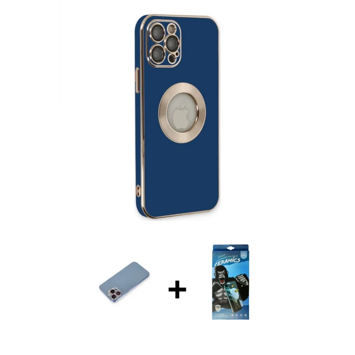 ieg™ iPhone 12 Pro Max Kılıf İz Form Serisi - Siyah 34D Izgaralı Cam + Shine Kamera Lens Koruma Cam - PE