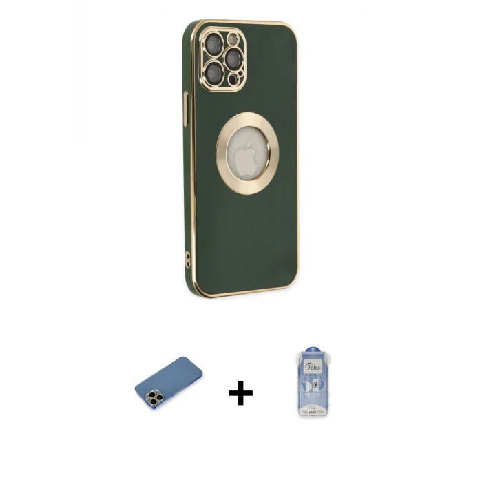 ieg™ iPhone 12 Pro Max Kılıf İz Form Serisi - Siyah Joko Magic 5D Cam + Gold Shine Kamera Lens Koruma Cam