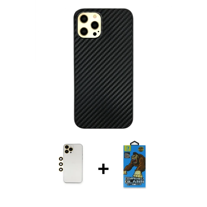 ieg™ iPhone 12 Pro Max Kılıf Nova Çizgi - Siyah 18D Cam Ekran Koruyucu + Shine Kamera Lens - GD