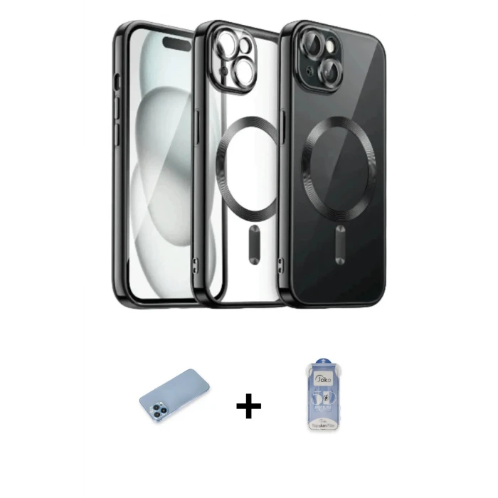 ieg™ iPhone 12 Pro Max Kılıf Nova Işık Özel Seri - Siyah Joko Magic 5D Cam + Mavi Shine Kamera Lens Koruma Cam