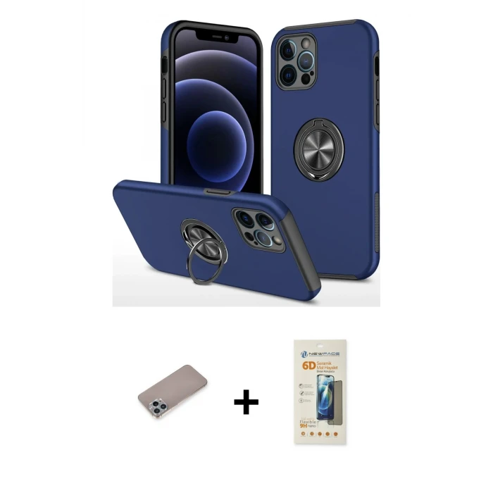 ieg™ iPhone 12 Pro Max Kılıf Odak Form Prime - Siyah 6D Mat Seramik Hayalet Nano Ekran Koruyucu + Sierra Blue Shine Kamera Lens Koruma Cam