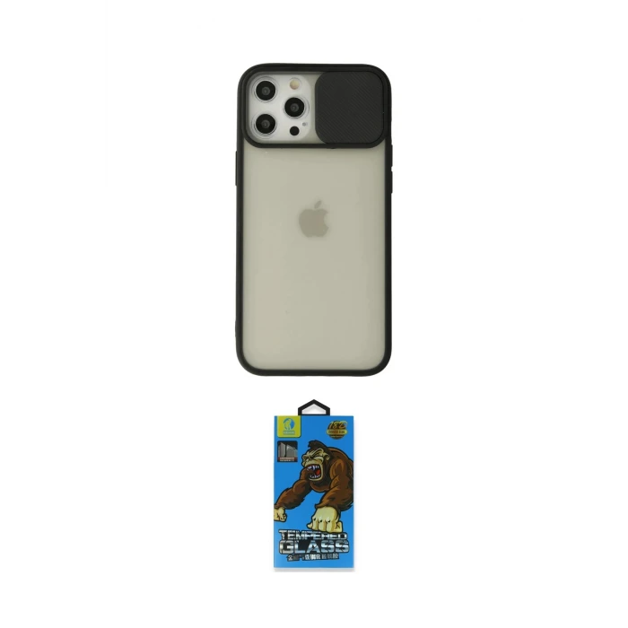 ieg™ iPhone 12 Pro Max Kılıf Vadi Çizgi - Siyah 18D Cam Ekran Koruyucu