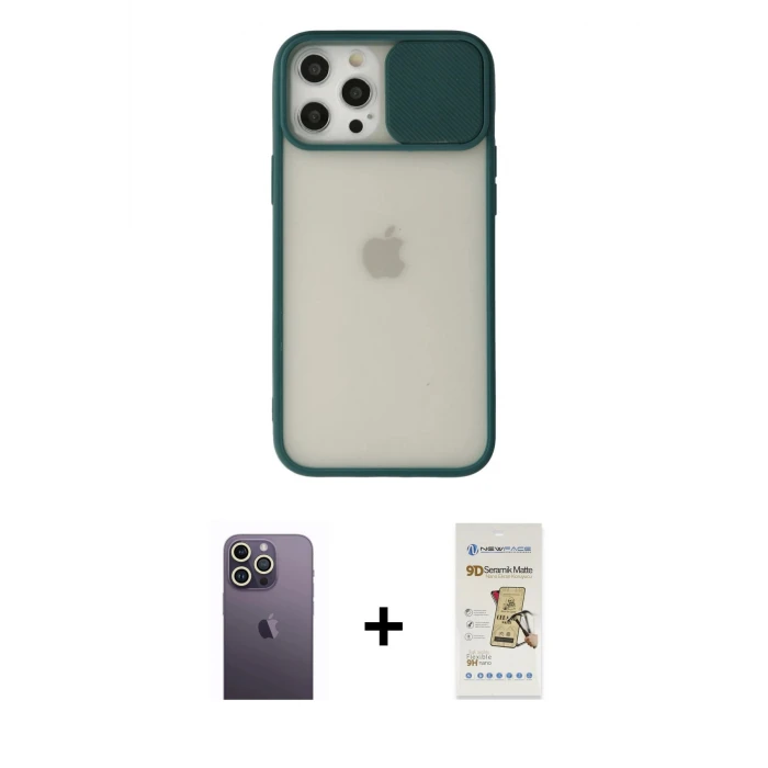 ieg™ iPhone 12 Pro Max Kılıf Vadi Çizgi - Siyah Mat Seramik Nano Ekran Koruyucu + Neon Fosforlu Kamera Lens - BZ