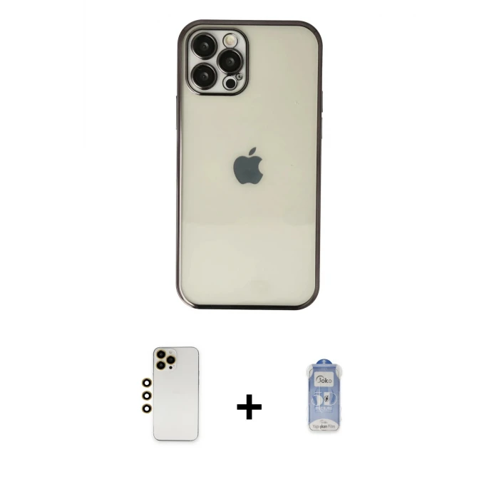 ieg™ iPhone 12 Pro Max Kılıf Vadi Minimal - Siyah Joko Magic 5D Cam + Gold Shine Kamera Lens