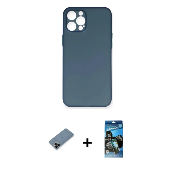 ieg™ iPhone 12 Pro Max Kılıf Yadigar Yansıma Serisi - Siyah 34D Izgaralı Cam + Shine Kamera Lens Koruma Cam - SH
