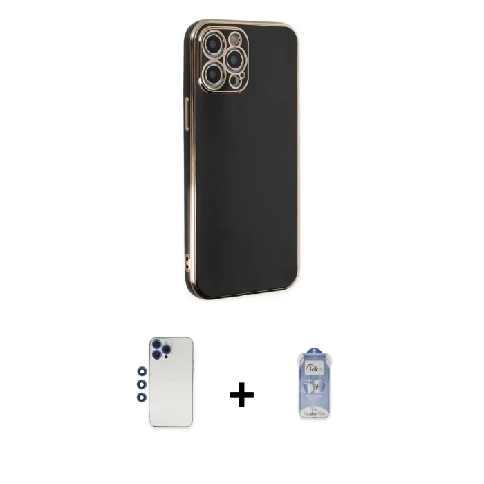 ieg™ iPhone 12 Pro Max Kılıf Yankı Serisi - Siyah Joko Magic 5D Cam + Shine Kamera Lens - LT