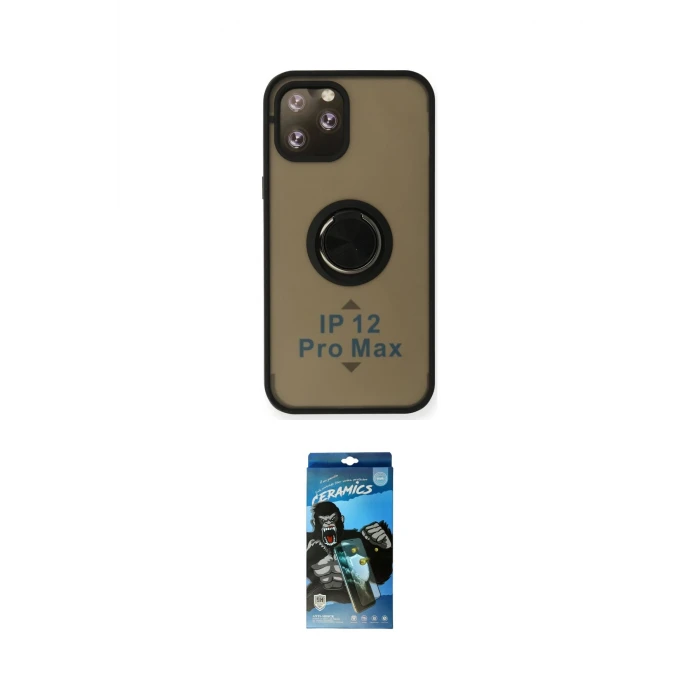 ieg™ iPhone 12 Pro Max Kılıf Yörünge Çizgi - Siyah 34D Izgaralı Cam