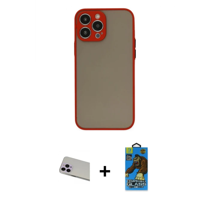 ieg™ iPhone 13 Pro Max Ahenk Çizgi Serisi - Siyah 18D Cam Ekran Koruyucu + Mor Rainbow Kamera Lens Koruma Cam