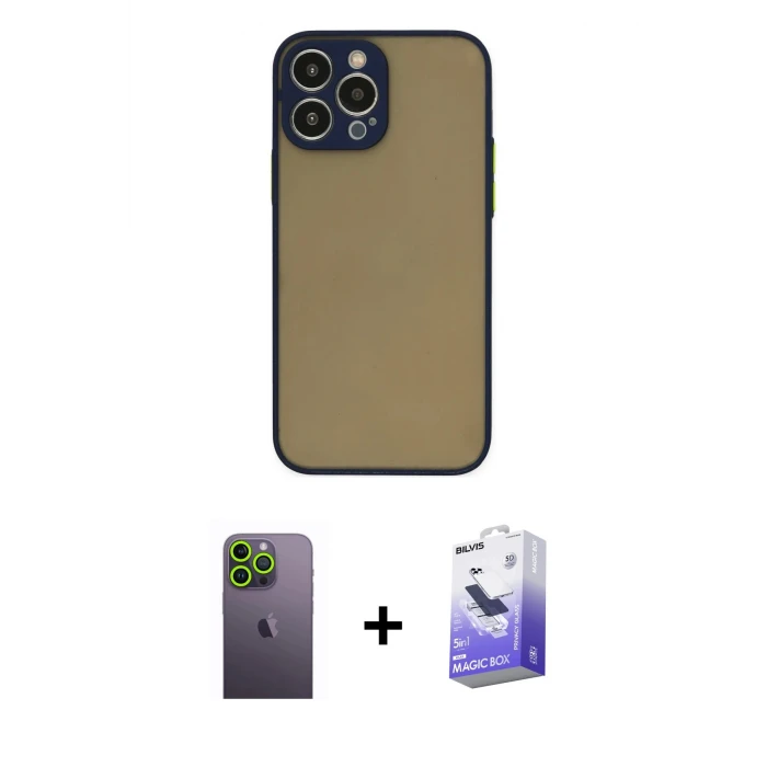 ieg™ iPhone 13 Pro Max Kılıf Ahenk Çizgi Serisi - Siyah Bilvis 5in1 5D Magic Hayalet Cam Ekran Koruyucu + Neon Fosforlu Kamera Lens - YL