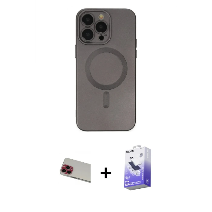 ieg™ iPhone 13 Pro Max Kılıf Akış Minimal Özel Seri - Siyah Bilvis 5in1 5D Magic Hayalet Cam Ekran Koruyucu + Kırmızı Rainbow Kamera Lens Koruma Cam