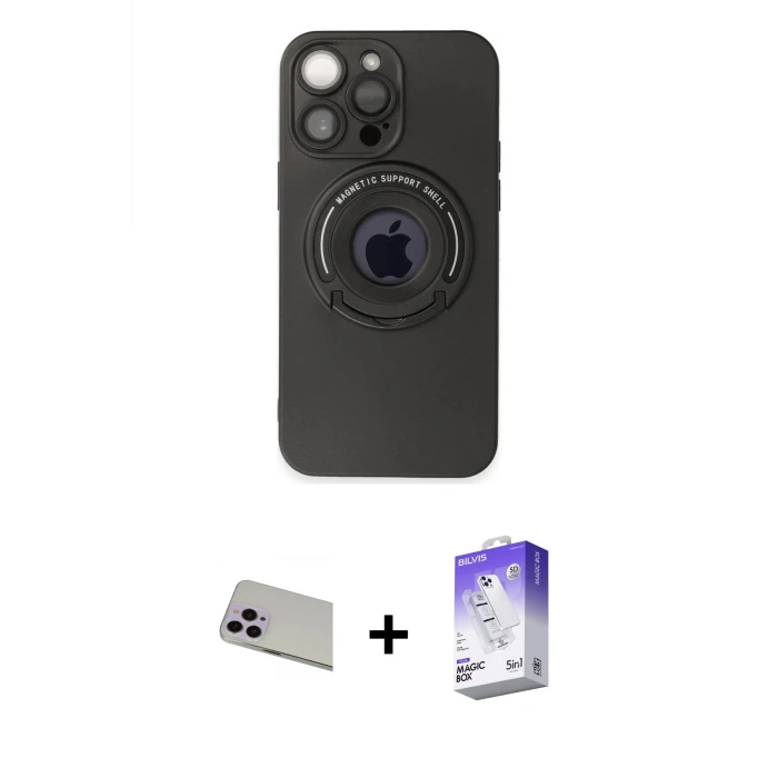ieg™ iPhone 13 Pro Max Kılıf Eksen Klasik Prime - Siyah Bilvis 5in1 3D Magic Cam Ekran Koruyucu + Rainbow Kamera Lens Koruma Cam - MR
