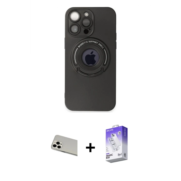 ieg™ iPhone 13 Pro Max Kılıf Eksen Klasik Prime - Siyah Bilvis 5in1 3D Magic Cam Ekran Koruyucu + Rainbow Kamera Lens Koruma Cam - BZ