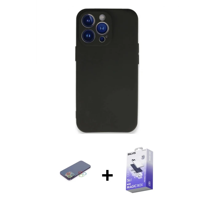ieg™ iPhone 13 Pro Max Kılıf Kozmos Yansıma Özel Seri - Siyah Bilvis 5in1 5D Magic Hayalet Cam Ekran Koruyucu + Renkli Kamera Lens Koruma Cam - MI