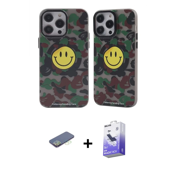 ieg™ iPhone 13 Pro Max Kılıf Nova Doku Koleksiyonu - Siyah Bilvis 5in1 5D Magic Hayalet Cam Ekran Koruyucu + Yeşil Renkli Kamera Lens Koruma Cam