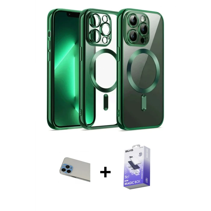 ieg™ iPhone 13 Pro Max Kılıf Nova Işık Özel Seri - Siyah Bilvis 5in1 5D Magic Hayalet Cam Ekran Koruyucu + Rainbow Kamera Lens Koruma Cam - MI