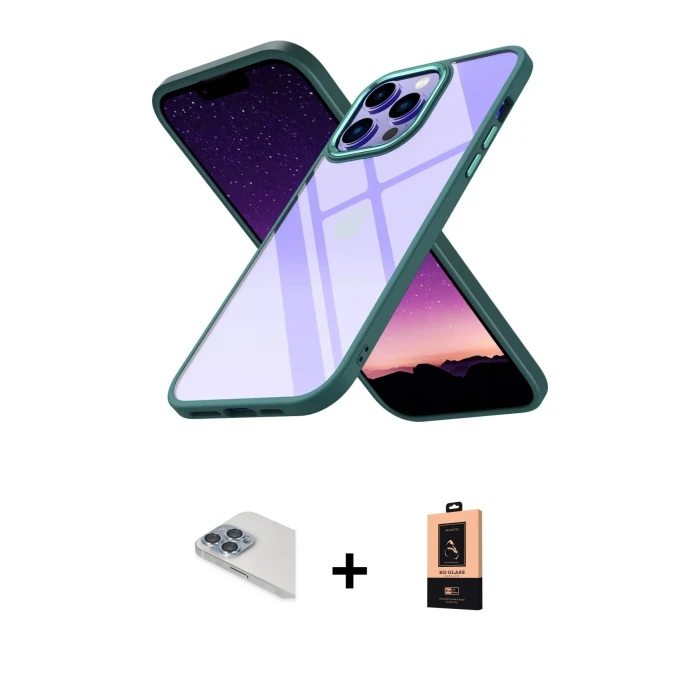 ieg™ iPhone 13 Pro Max Kılıf Nova Işık Serisi - Şeffaf Maxco Cam Ekran Koruyucu + Sierra Blue Pers Alüminyum Kamera Lens