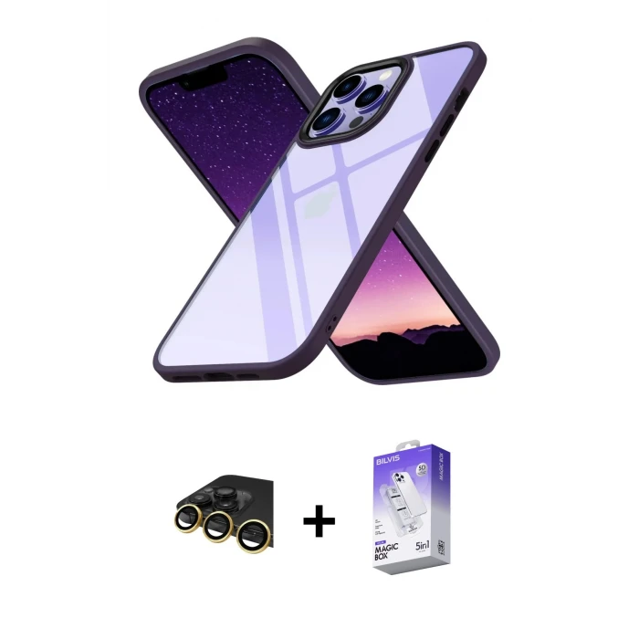 ieg™ iPhone 13 Pro Max Kılıf Nova Işık Serisi - Siyah Bilvis 5in1 3D Magic Cam Ekran Koruyucu + Raze Metal Kamera Lens - GD