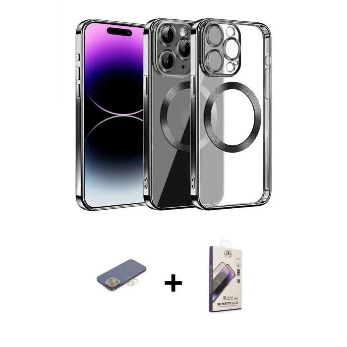 ieg™ iPhone 13 Pro Max Kılıf Pusula Form - Siyah Bilvis 3D Mat Cam Ekran Koruyucu + Renkli Kamera Lens Koruma Cam - SI