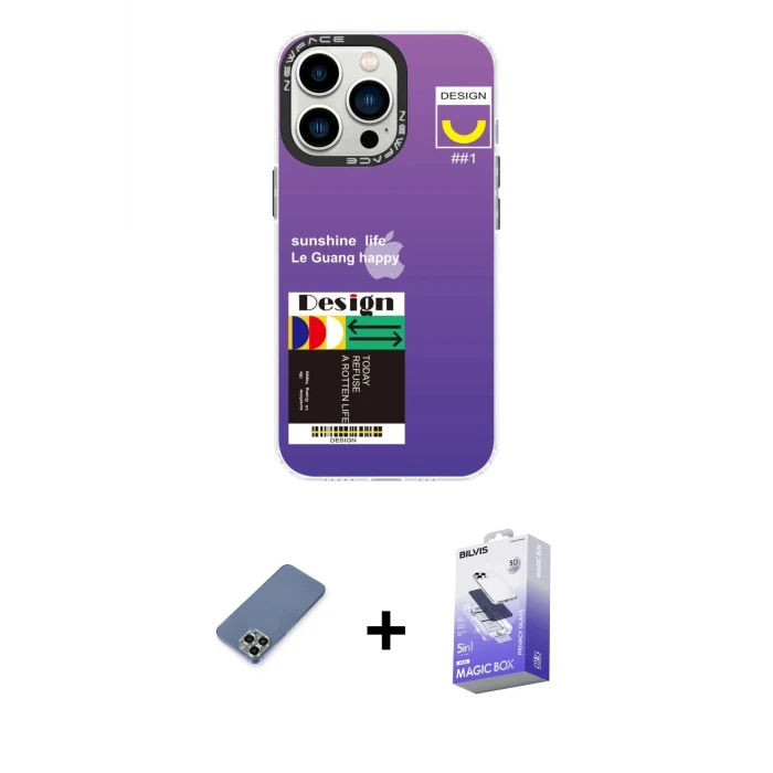 ieg™ iPhone 13 Pro Max Kılıf Siluet Çizgi Koleksiyonu - Siyah Bilvis 5in1 5D Magic Hayalet Cam Ekran Koruyucu + Metal Kamera Lens Koruma Cam - AKYL