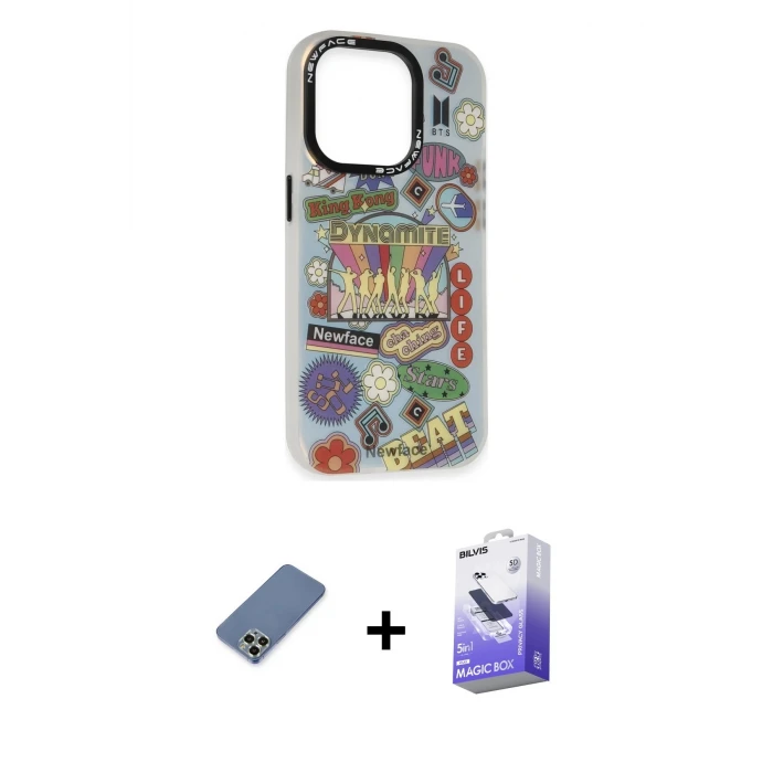 ieg™ iPhone 13 Pro Max Kılıf Siluet Çizgi Koleksiyonu - Siyah Bilvis 5in1 5D Magic Hayalet Cam Ekran Koruyucu + Metal Kamera Lens Koruma Cam - AKYL