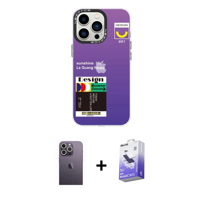 ieg™ iPhone 13 Pro Max Kılıf Siluet Çizgi Koleksiyonu - Siyah Bilvis 5in1 5D Magic Hayalet Cam Ekran Koruyucu + Neon Fosforlu Kamera Lens - BZ