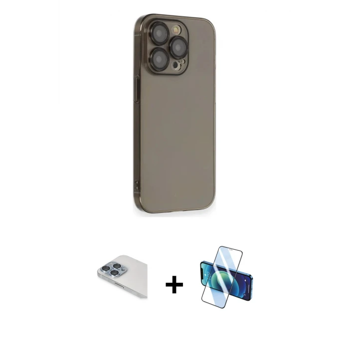 ieg™ iPhone 13 Pro Max Kılıf Siluet Minimal Özel Seri - Siyah 3D Antistatik Cam Ekran Koruyucu + Sierra Blue Pers Alüminyum Kamera Lens